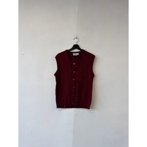Vintage V Keen Man Sweater Vest Mens Medium Red Knit Button Front Taiwan 80s